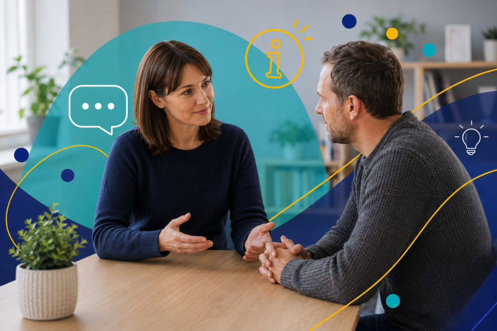 Two adults having a supportive conversation in a calm, modern setting, representing clear guidance and information for people affected by MND.